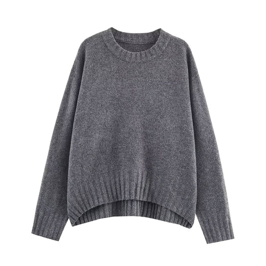 Round neck long sleeved loose fitting pullover knitted sweater for women